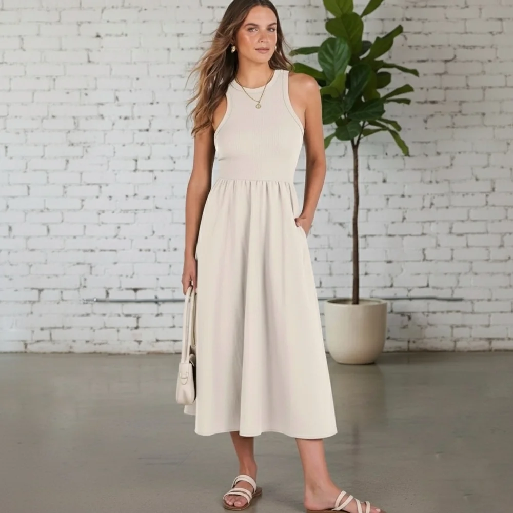 old navy womens summer dresses Dress Medium Floral Halter Strap Smocked Linen Sundress sweetheart neckline wide straps diagonal hip pockets hidden pockets smocked back seamed waist fitted at top with a flared skirt hits at thigh models are approx Old Navy | Dresses |